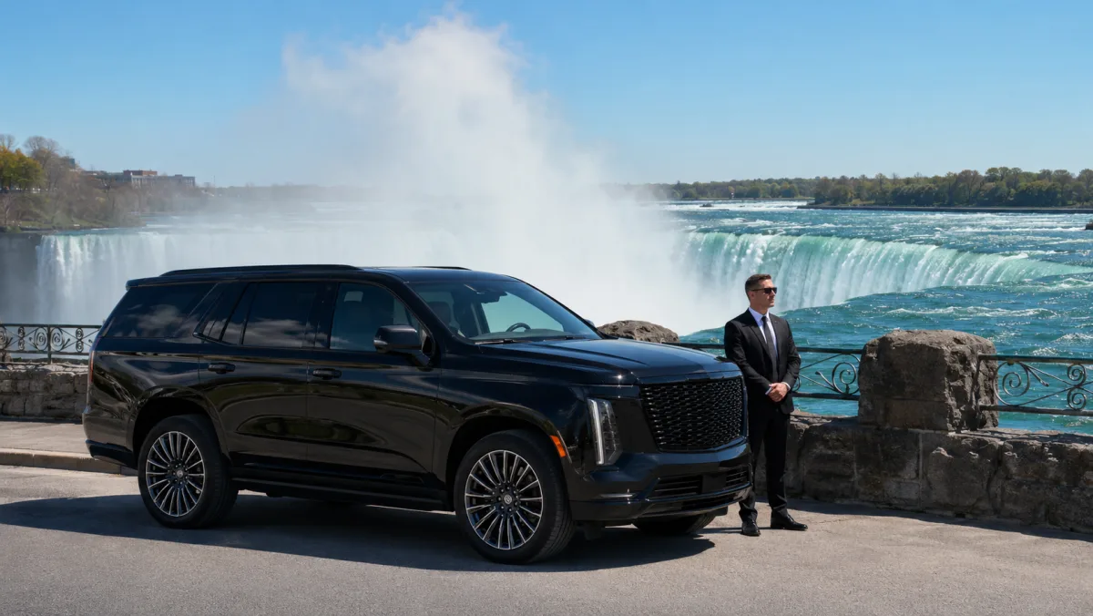 Black chauffeur-driven full-size luxury SUV for a family Niagara Falls boat-tour day trip from the GTA