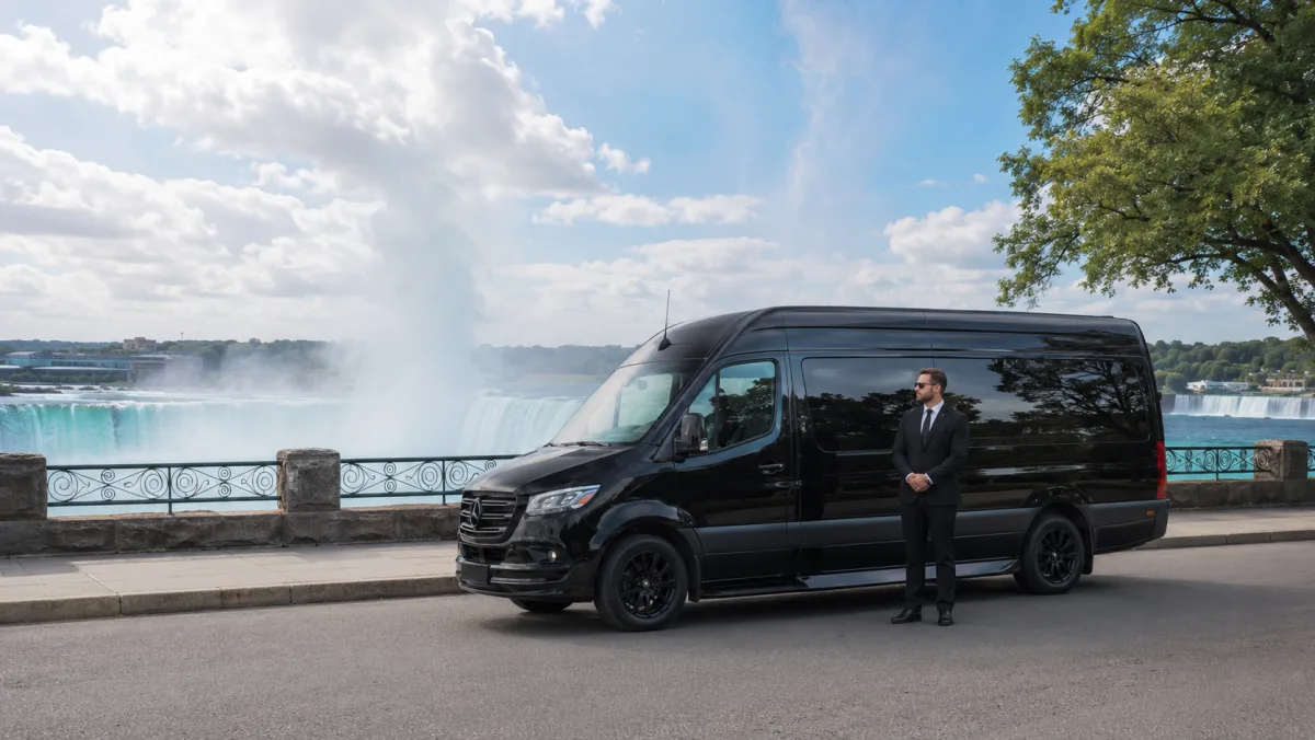 Black chauffeur-driven Mercedes-Benz Sprinter van for a group Niagara Falls boat-tour day from Toronto
